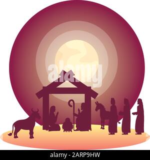 holy family and animals with wize men manger silhouettes Stock Vector