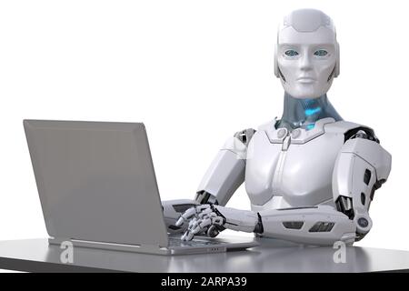 The robot works with a laptop. Clipping path included. 3D illustration Stock Photo