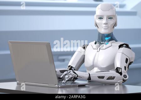 The robot works with a laptop. 3D illustration Stock Photo