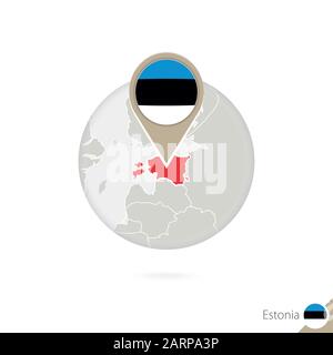 Estonia map and flag in circle. Map of Estonia, Estonia flag pin. Map of Estonia in the style of the globe. Vector Illustration. Stock Vector