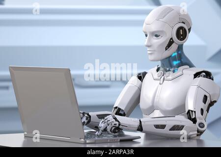 The robot works with a laptop. 3D illustration Stock Photo