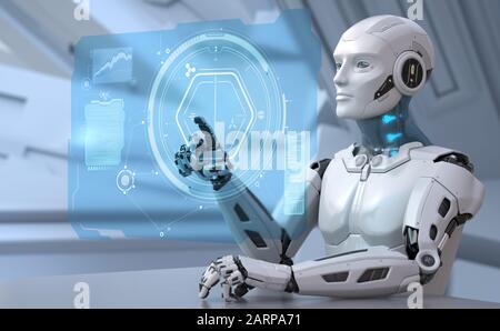 Robot is working with futuristic touchscreen. 3D illustration Stock Photo