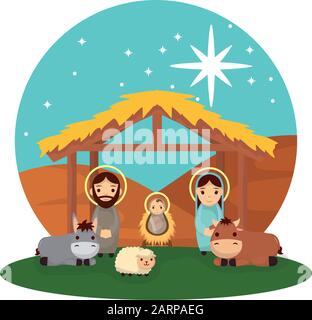 cute holy family and animals manger characters Stock Vector