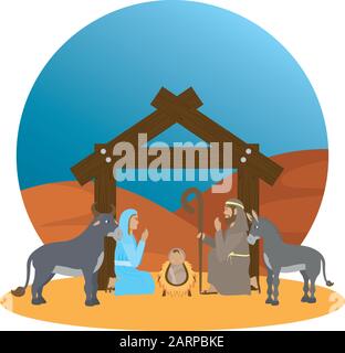 cute holy family and animals manger characters Stock Vector