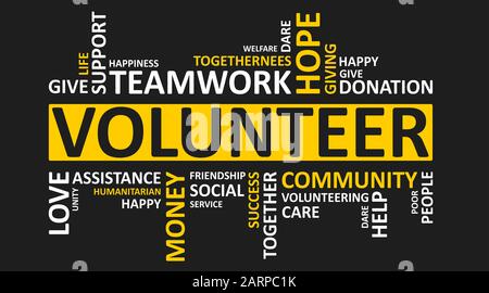 Volunteer Wordcloud With Words On Black Background Stock Photo