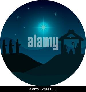 holy family and animals with wize men manger silhouettes Stock Vector