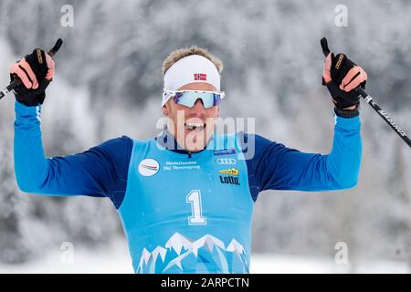 SANKT ULRICH AM PILLERSEE , 29-01-2020 , Rick Hoenderop celebrates his win during the NK nordic ski freestyle 2020. Stock Photo