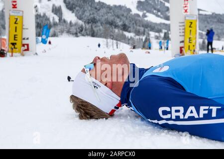 SANKT ULRICH AM PILLERSEE , 29-01-2020 , Rick Hoenderop exhausted after his win during the NK nordic ski freestyle 2020. Stock Photo