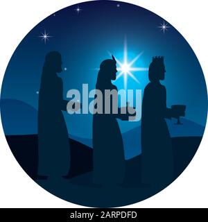 wize men kings silhouettes manger characters Stock Vector