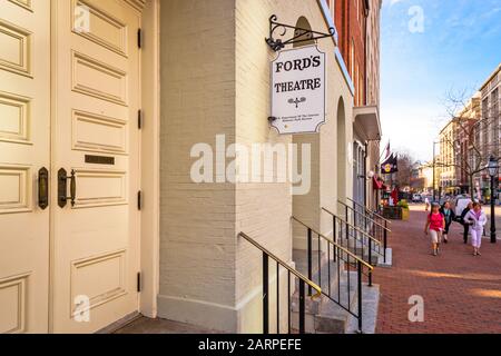 WASHINGTON DC - APRIL 12, 2015: Entrance to Ford's Theatre. The theater is infamous as the site of President Abraham Lincoln's assassination by John W Stock Photo