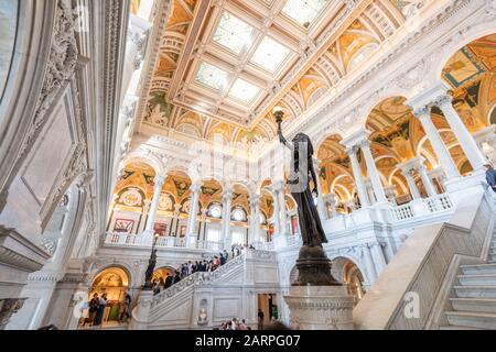 WASHINGTON - APRIL 12, 2015: Entrance hall ceiling in the Library of Congress. The library officially serves the U.S. Congress.