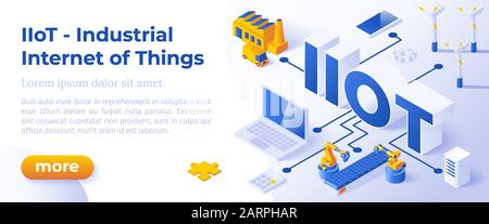 INDUSTRIAL INTERNET OF THINGS IIoT - Isometric Design in Trendy Colors Isometrical Icons of Various Electronic and Industrial Devices on Blue Background. Banner Layout Template for Website Development Stock Vector