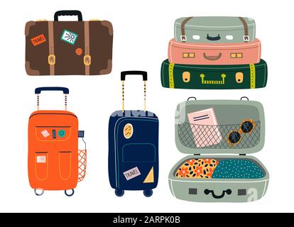 Set of Isolated Suitcases with wheels. Travel bags with various stickers.Hand drawn vector illustration in flat cartoon style. Stock Vector