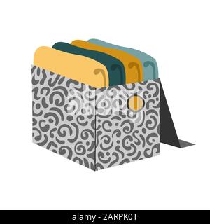Box with folded sweater and pullover for organizing order and storage in the closet isolated on white background. Vector illustration Stock Vector