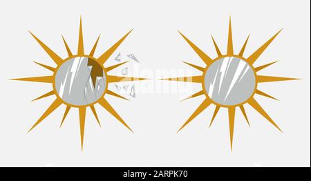 Broken wall mirror in the form of the sun with rays, with sharp fragments isolated on a white Stock Vector