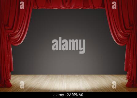 Bright Stage With Red Velvet Theater Curtains and grey Background. 3d rendering Stock Photo