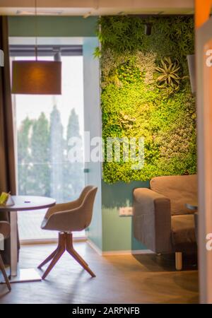 Cafe room interior in modern simple style with wooden furniture Stock Photo