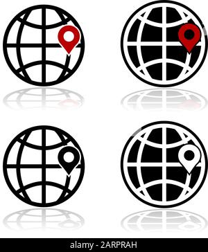 Icon set showing a globe with a location indicator on it Stock Vector