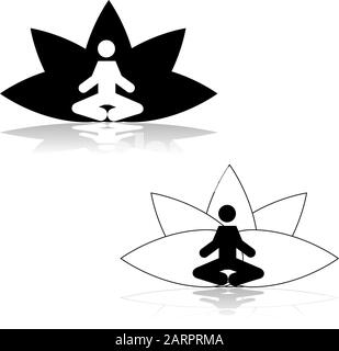 Icon illustration showing a man meditating in a lotus position in front of a stylized lotus flower Stock Vector