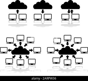 Icon set showing computers connected to a cloud network Stock Vector