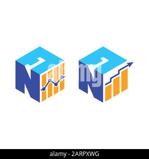 Cubic font N A with financial logo sign symbol, Vector isometric alphabet Stock Vector
