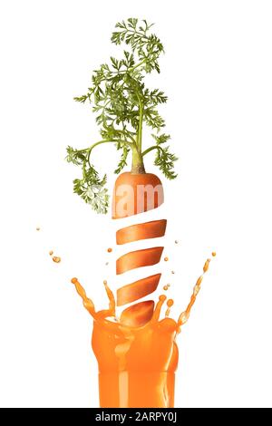 Cut slices of fresh natural organic ripe carrot with green leaves are falling into glass of fresh juice with splashes on a white background. Vegan hea Stock Photo