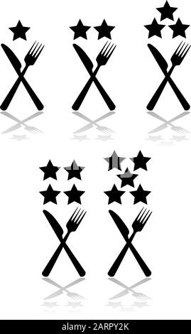 Concept illustration showing a fork and a knife combined with stars indicating the rating of a restaurant Stock Vector