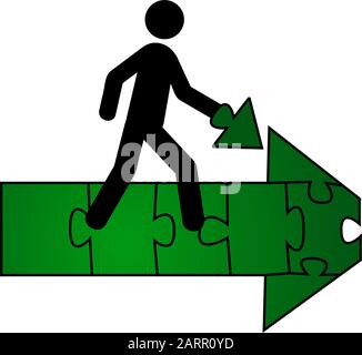 Concept illustration showing a person carrying the last piece of a puzzle that makes up a green arrow pointing forward Stock Vector