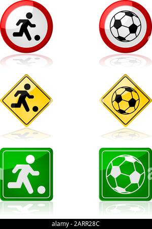 Icon set showing traffic signs with a soccer ball and a person playing soccer Stock Vector