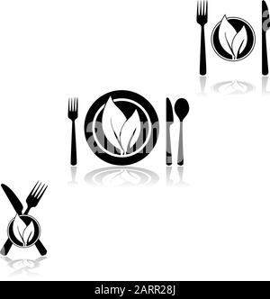 Icon set showing plates and cutlery combined with a couple of leaves, symbolizing vegetarian or vegan food Stock Vector