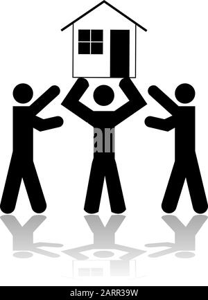 Concept illustration showing a person lifting a house while two other people try to get it from him Stock Vector