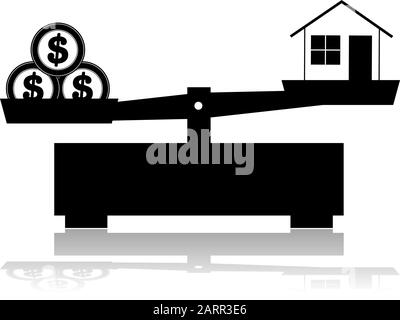 Concept illustration showing a scale balancing a house and its price, represented by three coins Stock Vector
