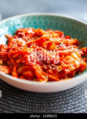 Traditional Korean kimchi. Fermented Chinese cabbage. Stock Photo