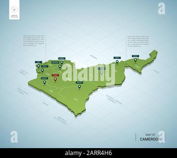 Stylized map of Cameroon. Isometric 3D green map with cities, borders, capital Yaounde, regions. Vector illustration. Editable layers clearly labeled. Stock Vector