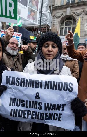 Kashmiris and Sikhs protest outside the Indian High Commission in London  on Republic day 2020. An anti-India protest to tell the world about the discriminatory and racist crimes the Indian State under Modi is comming against Muslims, Sikhs, Christians , Dalits etc. 26 Jan 2020 Stock Photo