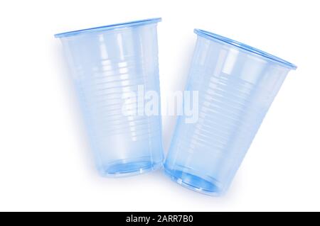 Overhead studio image of a pair of plastic disposable cups cut out against a white background - John Gollop Stock Photo