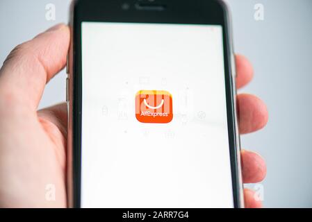 BERLIN - JAN 26: Aliexpress App on Screen of Mobile Phone in Berlin on January 26. 2020 in Germany Stock Photo