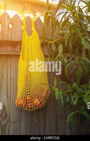 Nectarines in yellow string mesh reusable bag on the fence Stock Photo