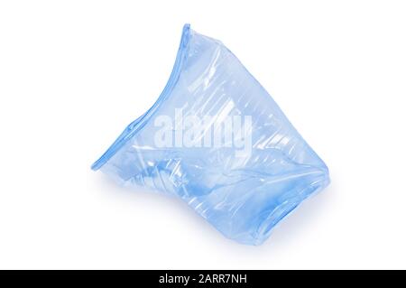 Overhead studio shot of a single crushed plastic cup, isolated on white - John Gollop Stock Photo