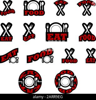 Icon set showing a fork and a knife, or a plate with cuttlery, combined with different variations of the words eat and food Stock Vector
