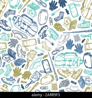 Vector white seamless doodle sketch pattern with objects for trekking and hiking. Suitable for textile, wallpaper and trekking brochures. Stock Vector