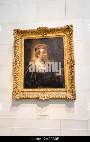 A framed portrait of Rembrandt, oil on canvas, 1650, hanging at the National Gallery of Art in Washington D.C. Stock Photo