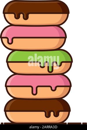 Stacked donuts cartoon isolated vector illustration. Five doughnuts with chocolate, pionk and green icing, Stock Vector