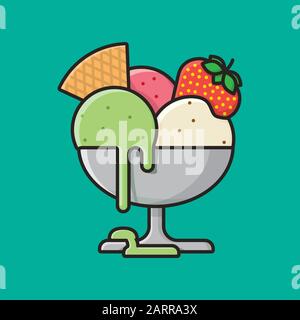 Bowl of Italian ice cream with vanilla, strawberry and pistachio flavors illustration. Sweet food and dessert color vector symbol. Stock Vector