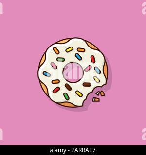 Bitten sugar-coated donut with colorful sprinkles vector illustration. Unhealthy eating, sweet food symbol. Stock Vector