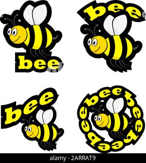 Icon set showing a cartoon bee flying, combined with different representations of the word bee Stock Vector