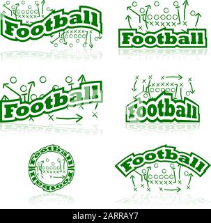 Icon set showing drawings from a football tactic board, paired with different representations of the word football Stock Vector