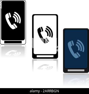 Illustration showing three different mobile phones with a transmitting phone icon  in the middle of them Stock Vector
