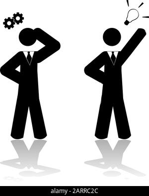 Concept illustration showing a businessman thinking about a problem and then finding a solution Stock Vector