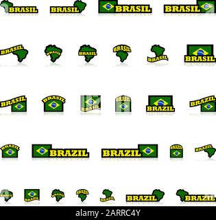 Icon set showing the Brazilian flag and map combined with different representations of the word Brazil and its equivalent in Brazilian Portuguese, Bra Stock Vector